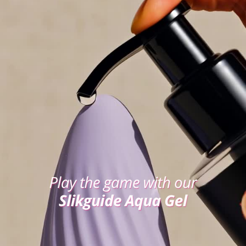 Black pump bottle with a beige background and text about Slikguide Aqua Gel.